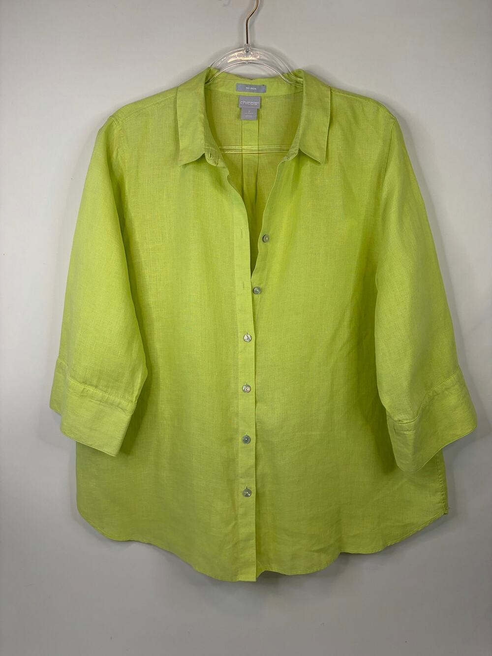 Chico's No Iron Linen Neon Yellow 3/4 Sleeve Button Down Shirt Size3 US 16 (flaw